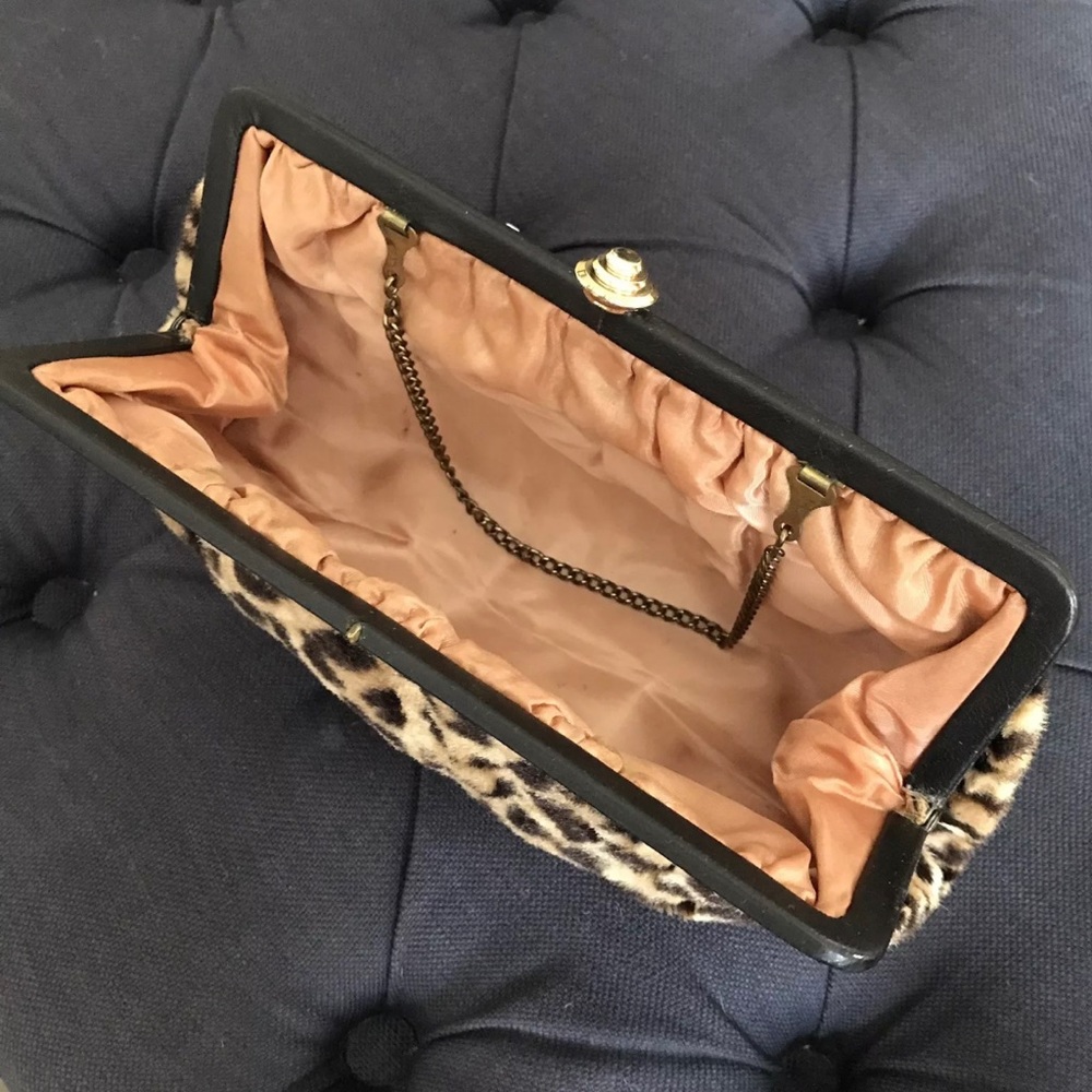 Vintage frame top handle Purse Bag leopard cheetah animal print faux fur - Picture 5 of 15